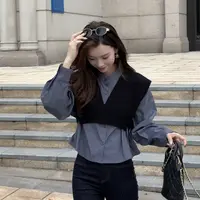 Barbie Siyu【你的星座】5230秋季衬衣腋下纽扣V领毛衫背心两件套