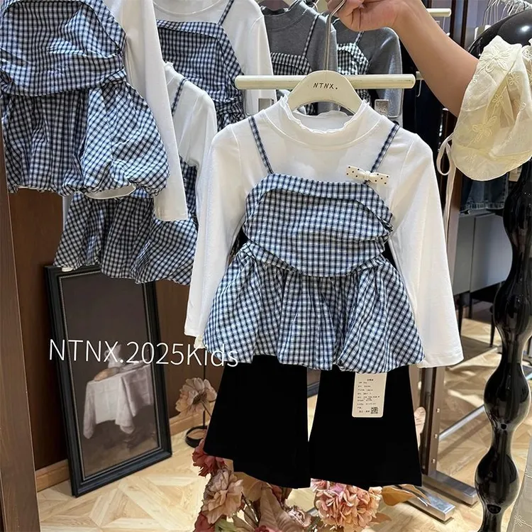 女童秋季套装2025新款“格纹泡泡”真两件格子上衣+喇叭裤三件套装