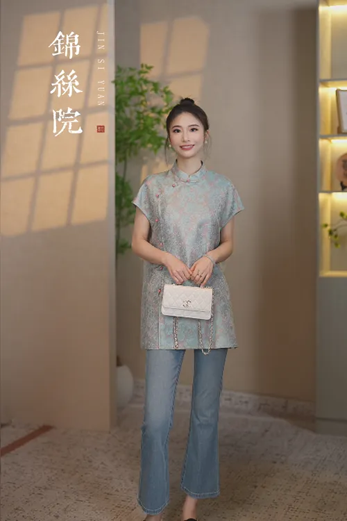 锦丝院【荷叶蜻蜓】 轻奢桑蚕丝宋锦花萝显瘦百搭上衣SYX67182035