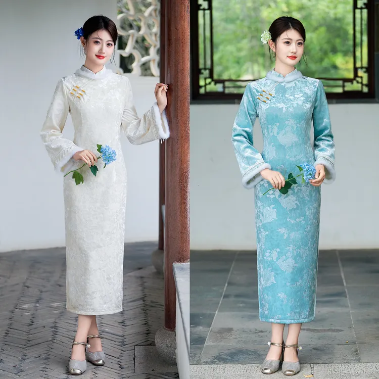 中国风蝴蝶扣旗袍长裙复古立领新款中长裙低开衩加厚日常冬季加绒