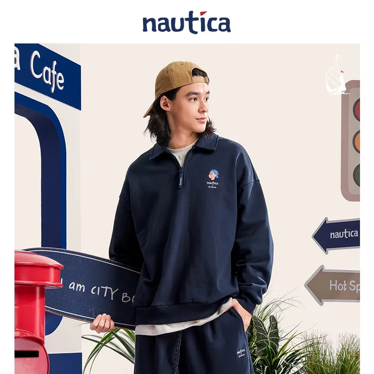 【联名系列】nautica×爆尼膏联名绣花图案半开襟卫衣BGKW5402