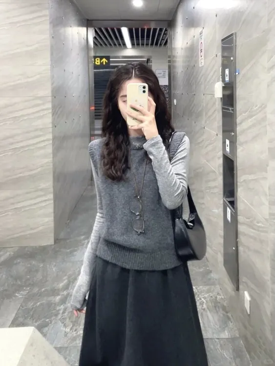 秋季搭配一整套女韩系叠穿针织马甲慵懒风打底衫半身裙显瘦三件套