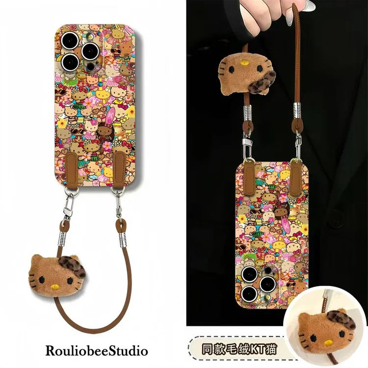 毛绒KT猫公仔挂绳适用苹果17手机壳iPhone16华为vivo小米14oppo套