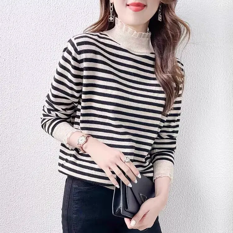 【奢牌原单】 2117蕾丝领显瘦针织打底上衣打底衫内搭长袖修身