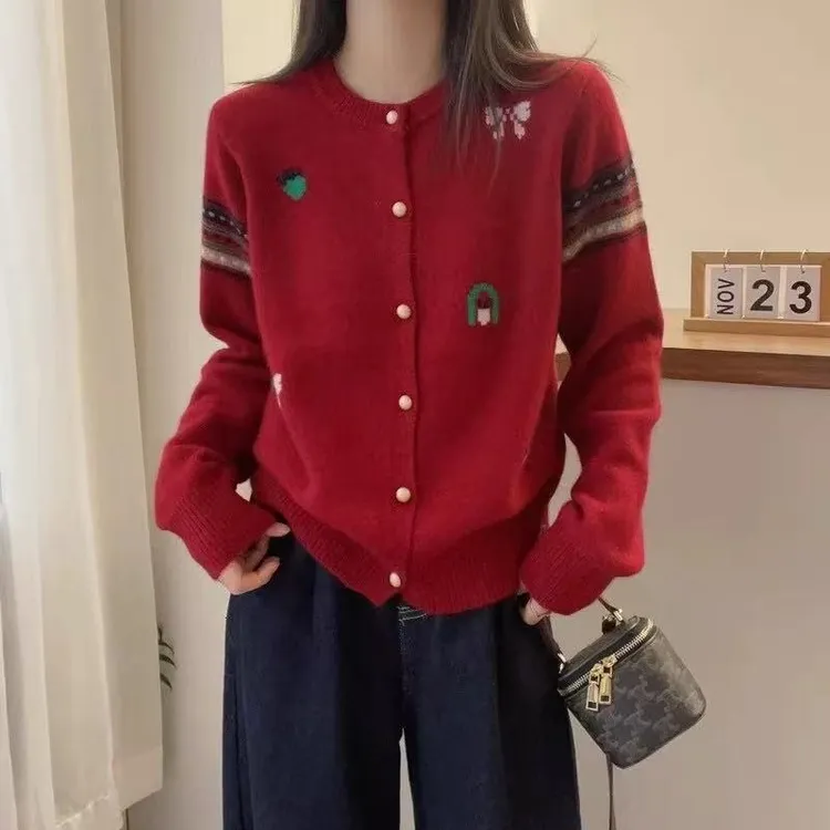 新年红色圣诞节100纯羊毛开衫女蝴蝶结提花单排扣软糯打底衫853
