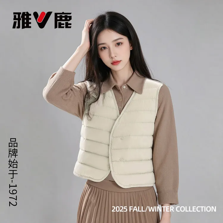 雅鹿羽绒马甲女士横条纹轻薄内搭90绒高蓬冬季保暖外穿羽绒服背心