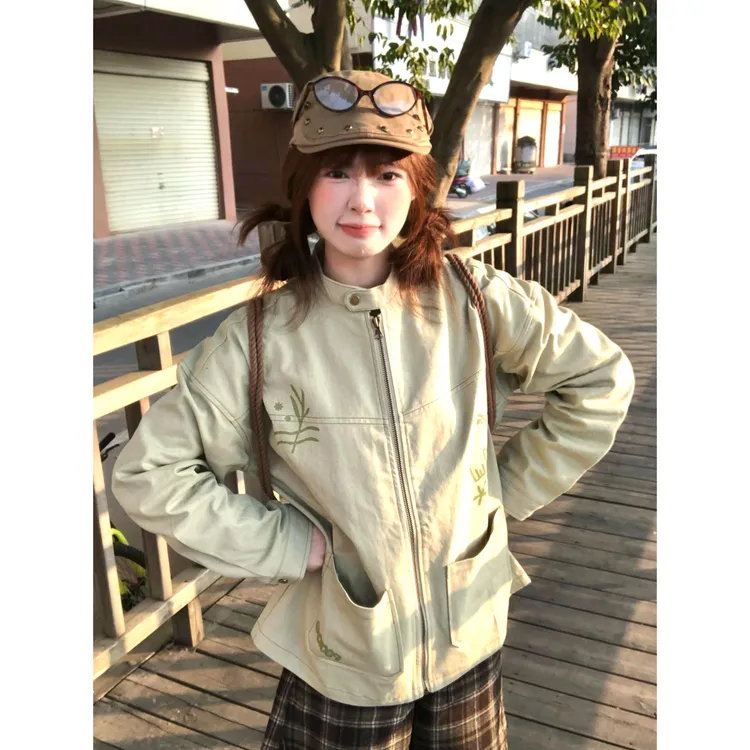 日系复古印花工装夹克女春秋季拉链开衫外套overzize宽松休闲上衣