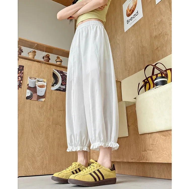 韩系木耳边夏季薄款小个子高腰显瘦宽松休闲裤九分阔腿百搭灯笼裤
