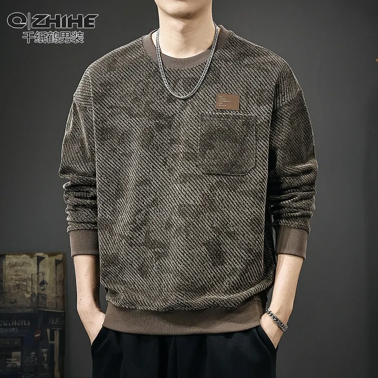 QZHIHE/千纸鹤潮牌重磅圆领男士卫衣高端秋季新款纹理感长袖上衣