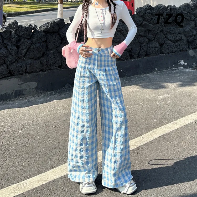 爆款直筒阔腿裤女2025新款高街蓝色格子显瘦百搭休闲裤TZQ2520438