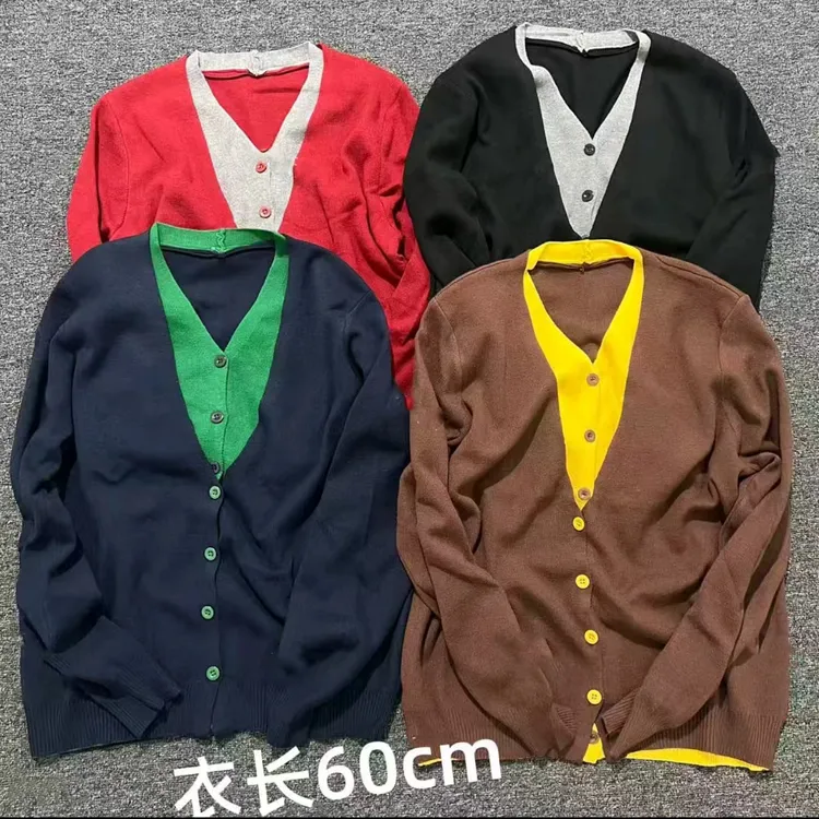 欧货V领针织常规修身型毛针织衫上衣假两件针织开衫秋季