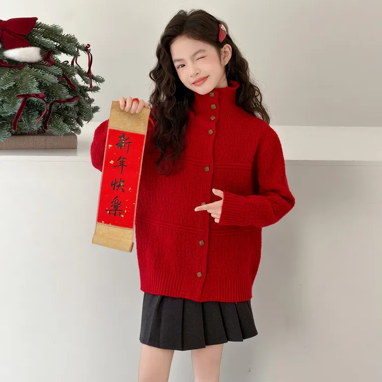 女童红色毛衣秋冬款2025新款大童超好看拜年服儿童冬季高领针织衫