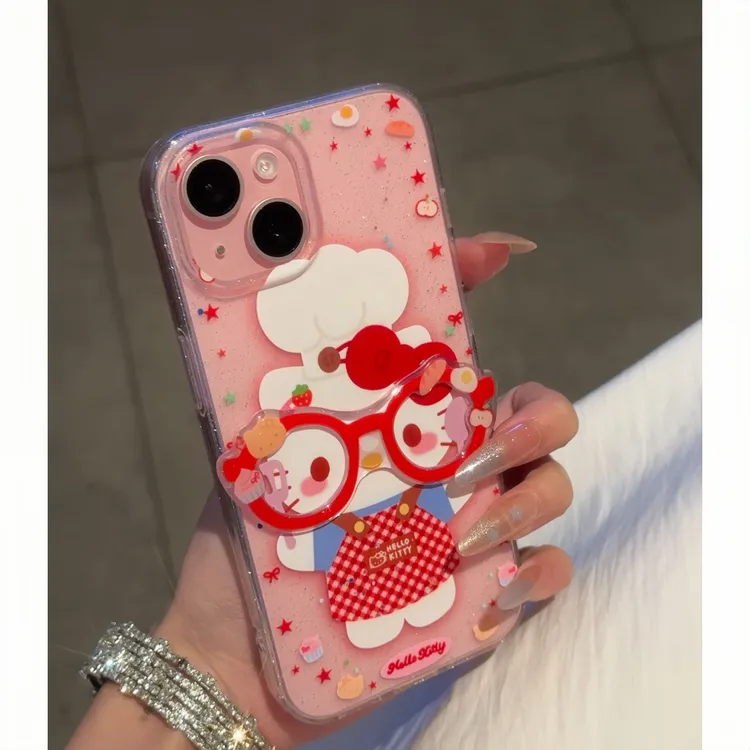 夕与空厨师Kitty红框眼镜适用iPhone16/15闪粉13/14手机壳12/11套