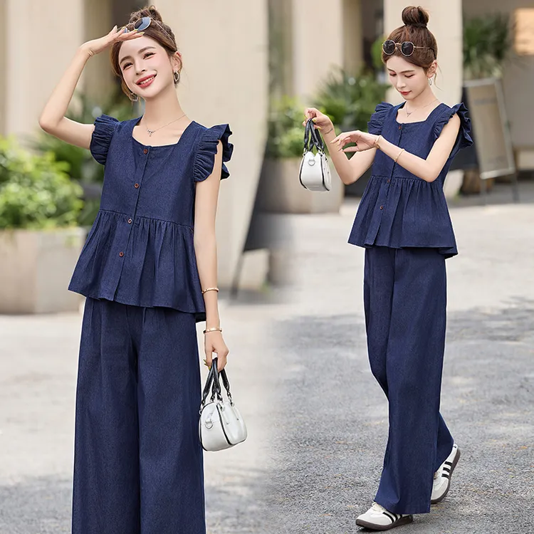 设计感飞飞袖牛仔套装女2025年夏季新款休闲时尚薄款阔腿裤两件套