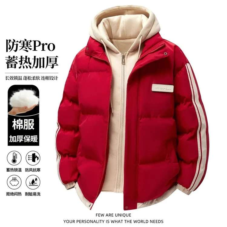 【现货】假两件连帽棉衣外套男士冬季潮牌休闲宽松防风时尚棉服外套