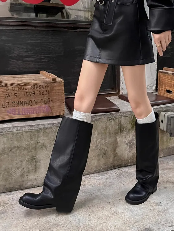 啤梨~美拉德高筒靴女西部靴复古骑士靴显瘦胖m粗腿大筒围裤管靴潮