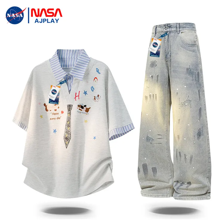 NASA AJPLAY涂鸦领带假两件短袖套装男夏季设计感学院风条纹上衣