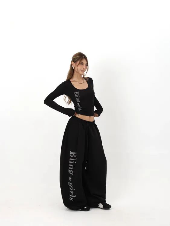 BLINGGIRLS 原创松弛感烫钻女宽松爵士阔腿裤拖地休闲运动卫裤