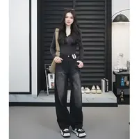 QH66003-黑灰【法法专属】早春中高腰弯刀牛仔裤女2025显瘦百搭