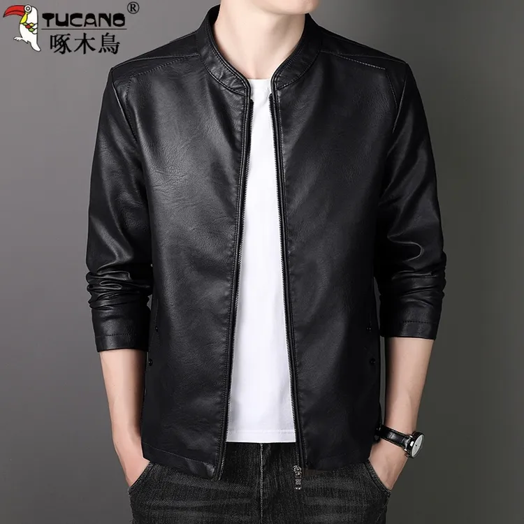 啄木鸟秋冬新款皮衣男士商务休闲立领皮夹克加绒加厚机车服外套潮