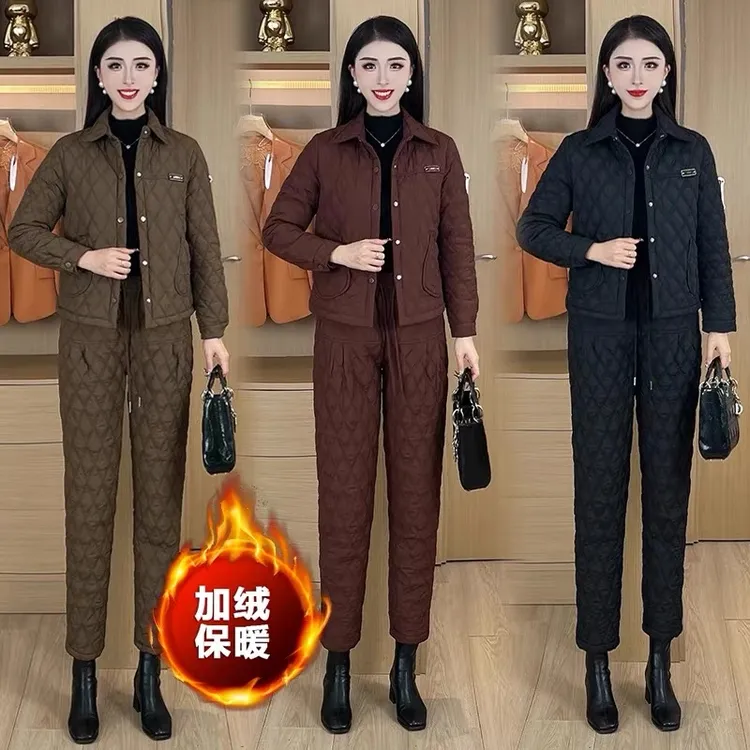 加绒加厚时尚套装女2025冬季新款洋气显瘦菱形格棉衣棉裤套装7925