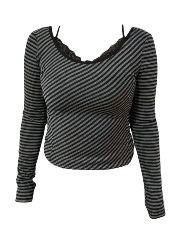 Amy家 微胖mm纯欲风黑灰条纹蕾丝拼接针织打底衫女秋冬假两件上衣