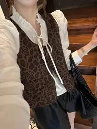 66828款豹纹马甲衬衫两件套秋季新款时尚洋气百搭减龄套装上衣