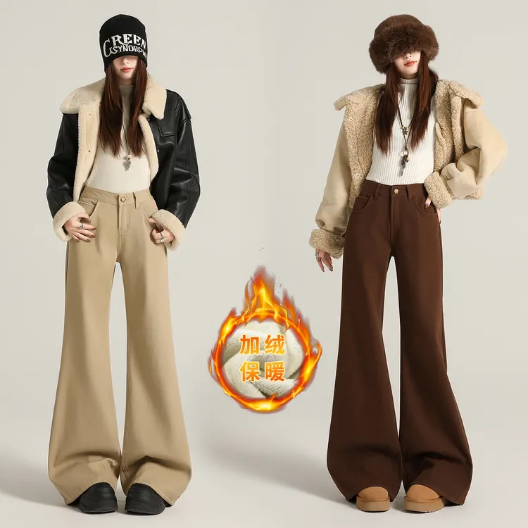 780美式复古低腰纯棉加绒保暖显瘦微喇裤女阔腿裤不贴腿牛仔裤