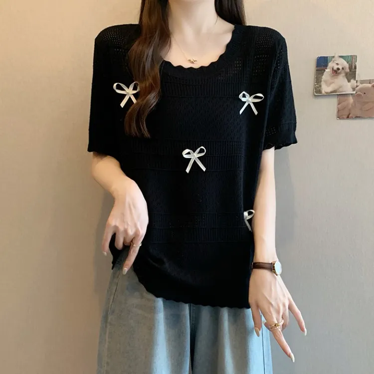 大码蝴蝶结镂空短袖针织衫女夏薄款胖MM宽松显瘦百搭洋气冰丝上衣