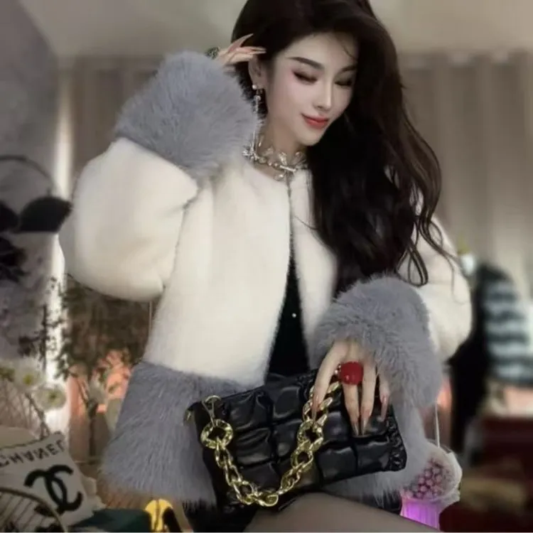 爆款网红秋冬皮草外套气质时尚拼接新款环保小香风仿狐狸毛水貂毛