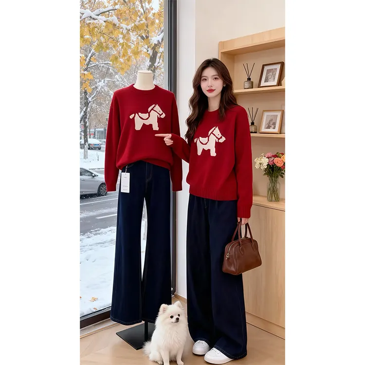 可爱提花小马图案全羊绒针织衫女欧洲站冬季新款新年红色圣诞毛衣