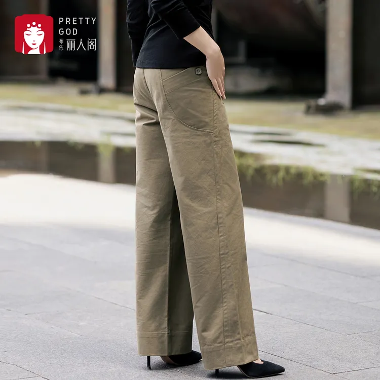 布依丽人阁2025秋季新款高腰直筒女士长裤舒适微弹棉亲肤透气卡其