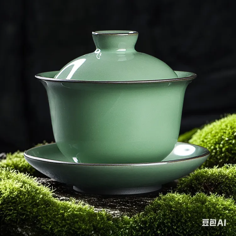 凝香阁 铁胎梅子青官窑元宝盖碗 家用简约陶瓷功夫茶具三才盖碗
