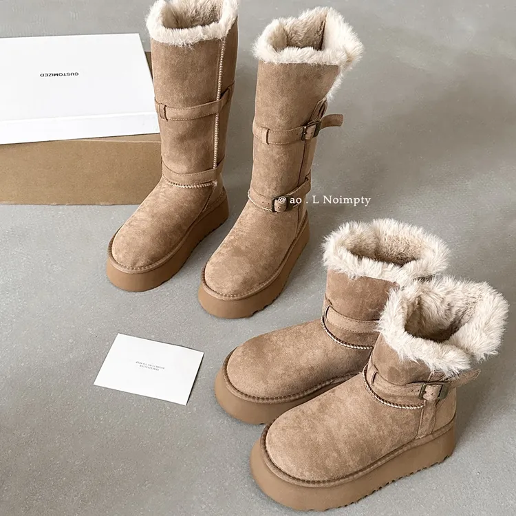 2cm/4cm时尚翻边毛绒雪地靴女厚底加绒保暖皮带扣长筒靴冬季棉靴