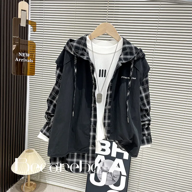 130-180【假两件】青少年男童外套春秋款男孩中大童衣服儿童衬衫