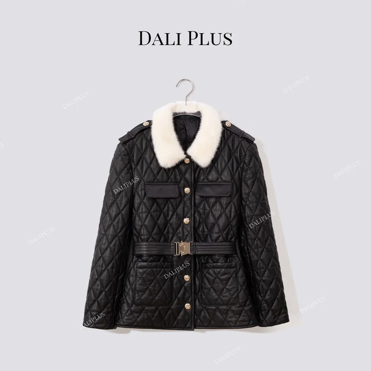 DALI PLUS“头层绵羊皮90白鹅绒”水貂毛领菱格羽绒服-D5MM3435