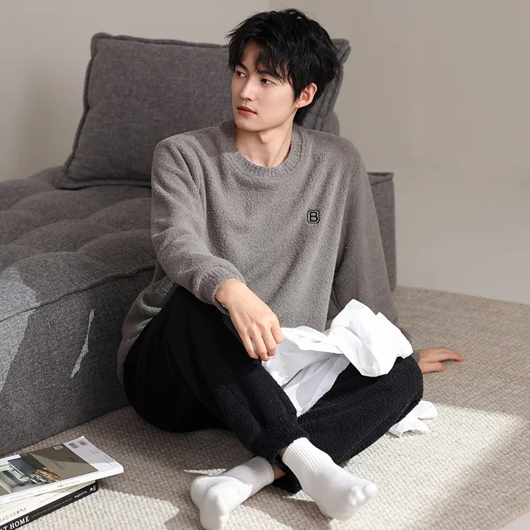 2025新款加厚半边绒保暖舒适家居服套装睡衣男士圆领休闲简约冬季