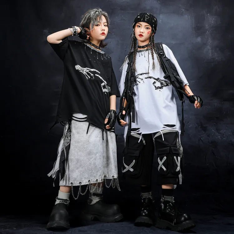 儿童街舞套装嘻哈男童潮服黑白手指潮牌童装女童走秀hiphop演出服
