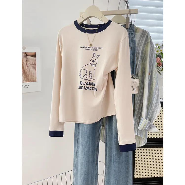 设计感撞色拼接圆领长袖T恤小狗印花新款宽松遮肉时尚通勤上衣女