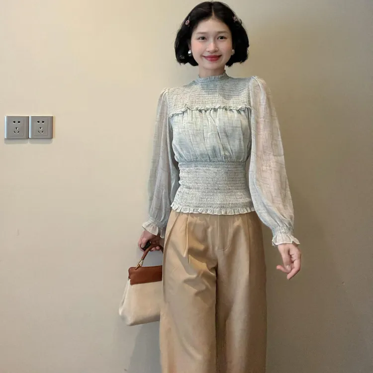 现货yuzhi 通勤简约百搭秋季绿色圆领雪纺收腰显瘦防晒长袖上衣女