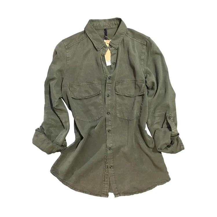 春秋痞帅炸街风帅气气质军绿色水洗做旧色长袖单宁牛仔衬衫女薄款