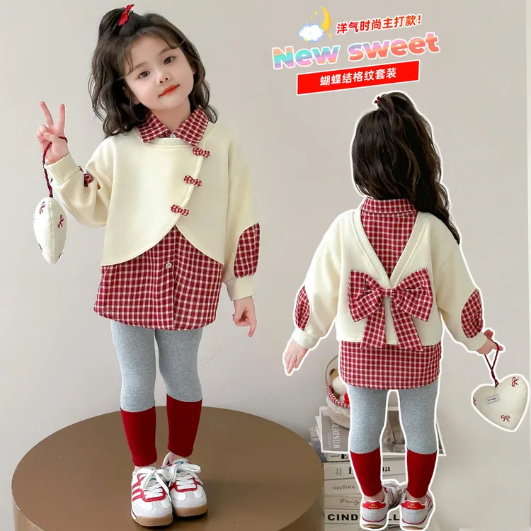 女童蝴蝶结假两件卫衣套装洋气儿童春秋季新款女宝宝打底裤两件套