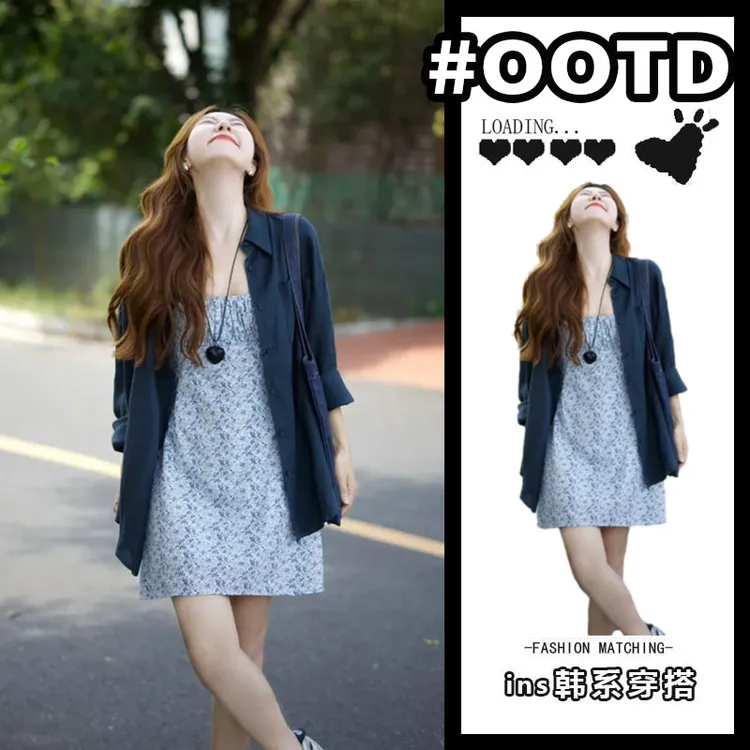早春搭配一整套女装韩系显白复古藏青色上衣显瘦碎花连衣裙两件套