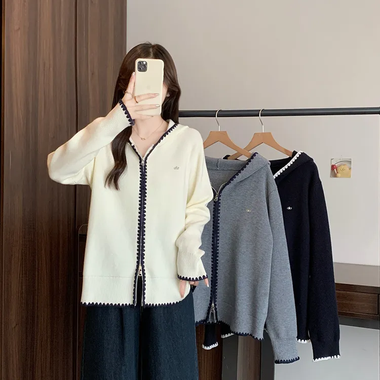 2025秋装新款胖mm大码女休闲撞色双拉链设计感连帽针织上衣72065