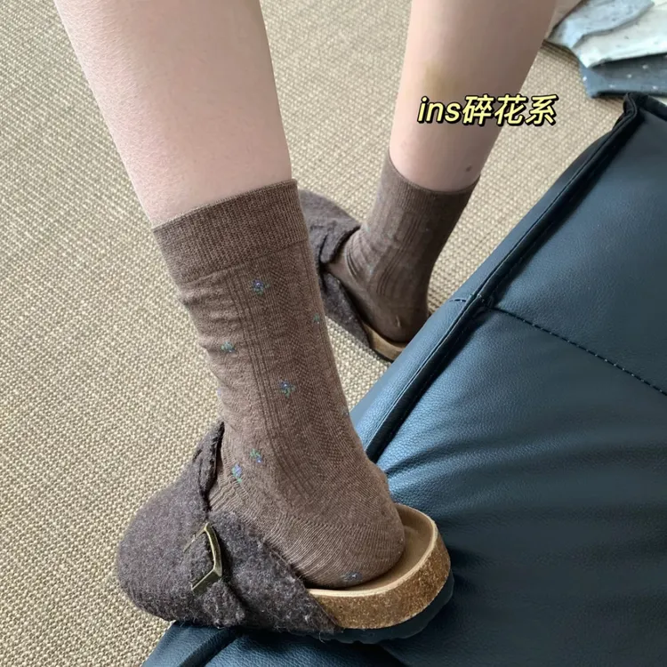 秋冬季纯棉温柔小碎花袜子女士中筒袜ins风百搭堆堆袜长筒袜森系