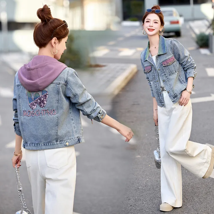 短外套女装2025年春天衣服春季新款可拆卸针织帽休闲绣花牛仔外套