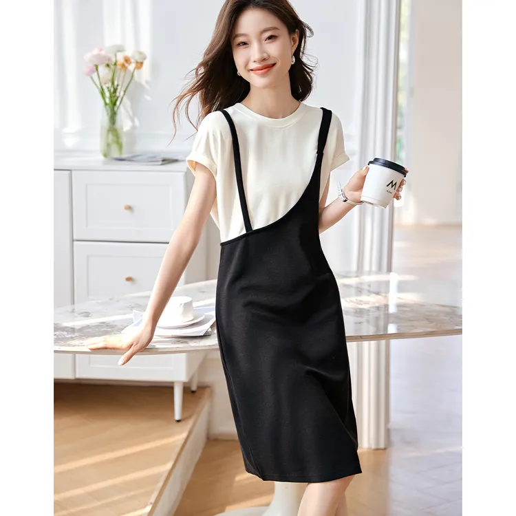 休闲时髦感连衣裙2025年夏季新撞色拼接假两件背带连衣裙拼接裙子