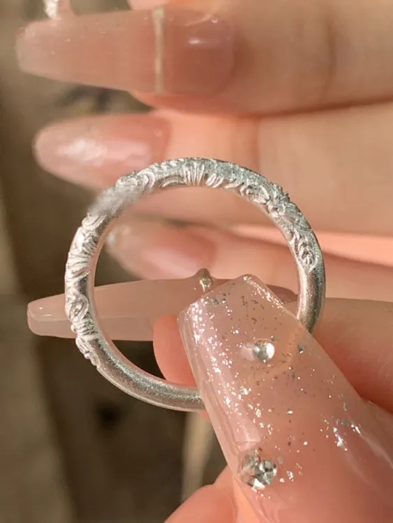 纯银9999浮雕樱花朵戒指环c口开口调节复古国风纯银戒指