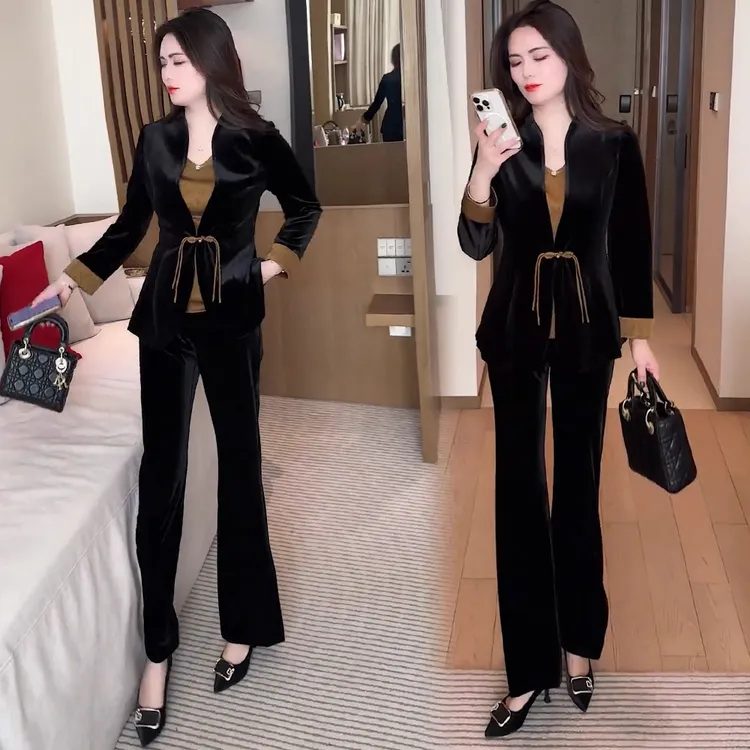 新中式套装女2025秋季新款时尚盘扣收腰上衣背心阔腿裤洋气三件套