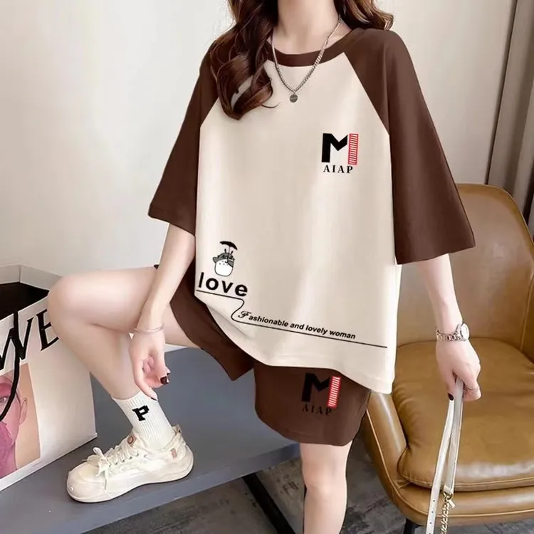 大码休闲运动套装女夏季韩系减龄洋气胖mm遮肉显瘦短袖短裤二件套